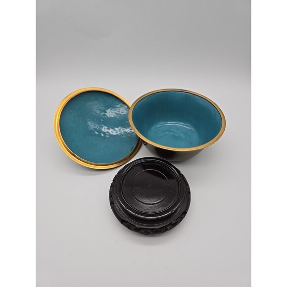 Vintage Chinese Cloisonne Covered Bowl on Wood Stand Enamel over Copper Floral - Picture 5 of 8